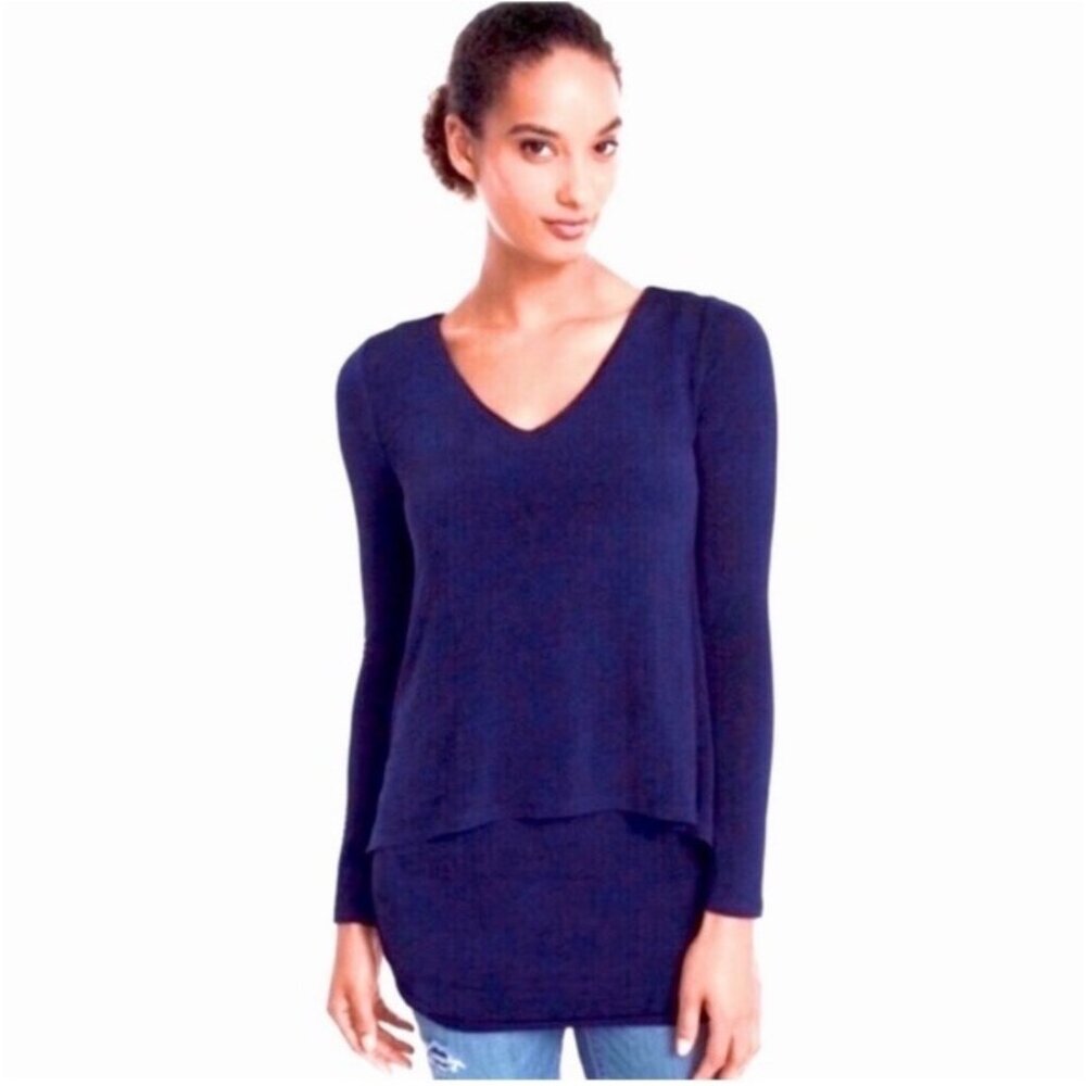 WHBM Navy Shimmery Double Layer Long Sleeve Tunic Top